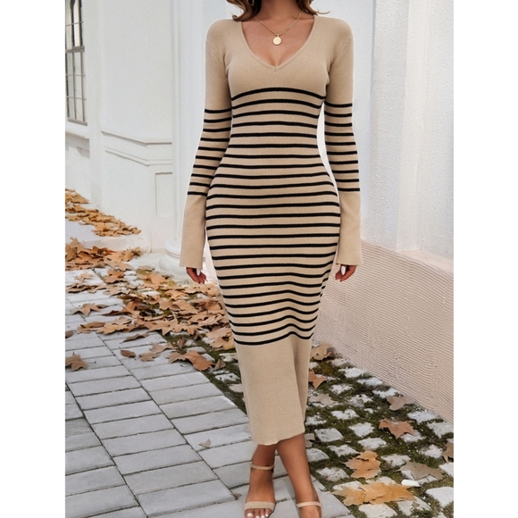 Striped Tan V-Neck Sweater Dress - Picture 3 of 11